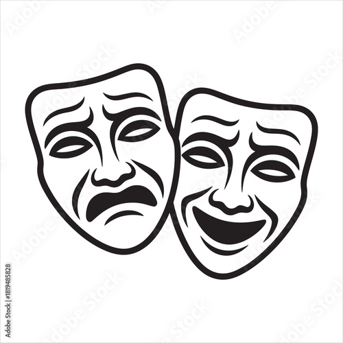 Two theatrical masks representing sadness and joy are placed side by side in black and white