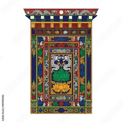 Vibrant and Intricate Tibetan Art Depicting Dragons and Lotus Motifs