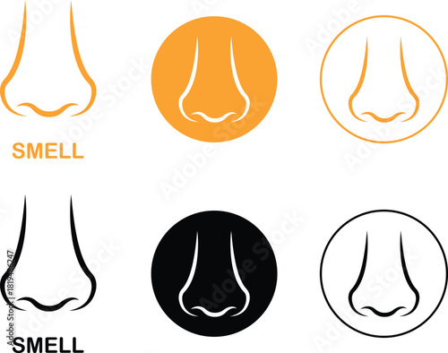 Smell nose icon set collection group in flat black line style, scent aroma odor sniff symbol pack, human sense olfactory element bundle, simple minimal outline illustration graphics vector