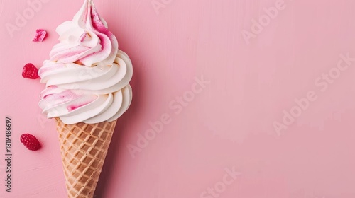Soft Pink and White Swirled Ice Cream Cone with Raspberries on Light Pink Background