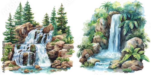 forest waterfall watercolor vector illustration