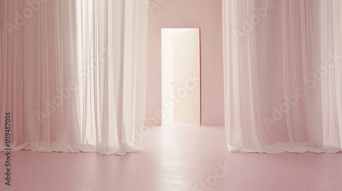 Soft Pink Curtains Room with Open Door Bright Natural Light Calm Cozy Atmosphere