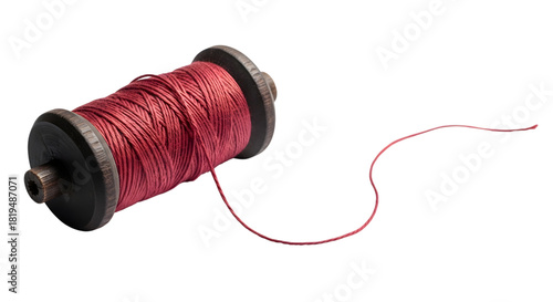 Vintage wooden spool of red thread isolated on transparent background