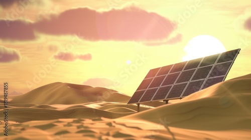 Solar Panel Array on Desert Dunes at Sunset with Warm Lighting