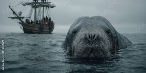 Fototapeta Naklejka Na Ścianę i Meble -  A sea cow in the ocean, an ancient ship in background.