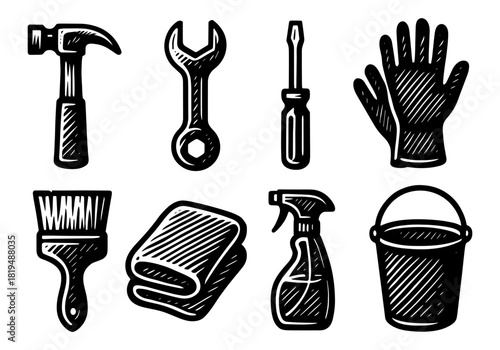 Vintage hand-drawn tools and cleaning supplies set in black and white