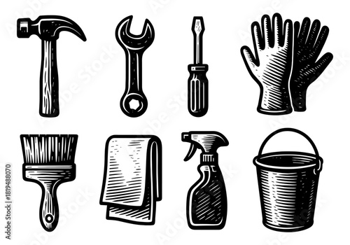 Vintage tool set with hammer, wrench, and cleaning accessories in engraved style