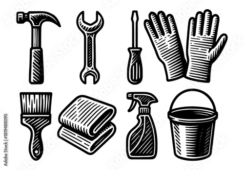 Monochrome vintage hand tools and cleaning supplies collection