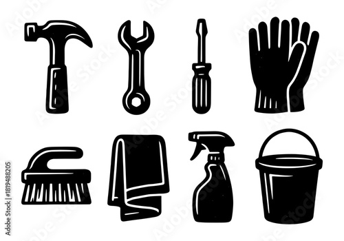 Set of silhouette cleaning and repair tools for home improvement projects