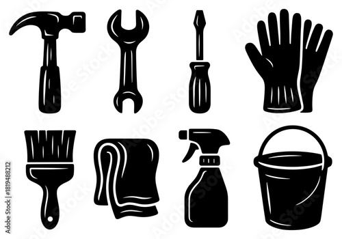 Black silhouette icons of hand tools for home maintenance and repair