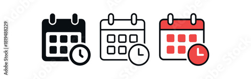 deadline calendar icons three calendar page icons with tiny clock symbol one flat solid monochrome one thin black outline black and white one full color flat icon red and white