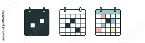 time blocking icons three weekly grid icons with filled blocks one flat solid monochrome one thin black outline black and white one full color flat icon pastel schedule colors
