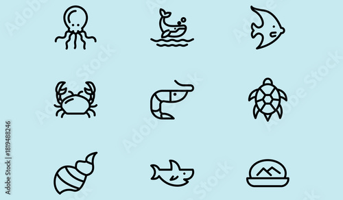 Fish and seafood elements line icons set.vector illustration.
