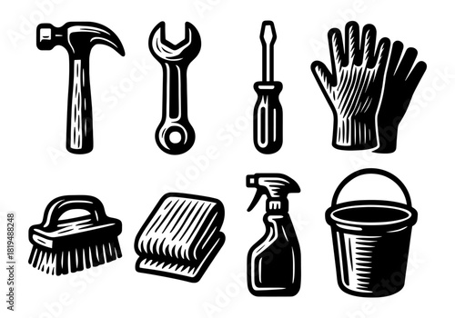 Vintage black and white tools set: hammer, wrench, screwdriver, gloves, brush, cloth, spray bottle, bucket