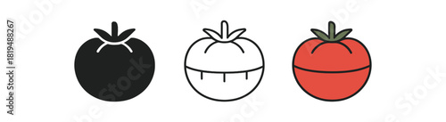 pomodoro timer icons three round timer or tomato shape icons with segments one flat solid monochrome one thin black outline black and white one full color flat icon red and white