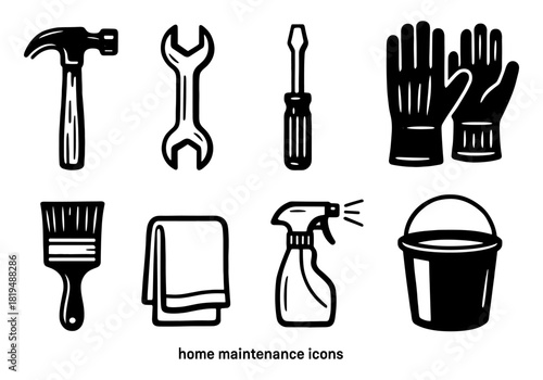 Essential home maintenance tools and supplies icons in black silhouette style