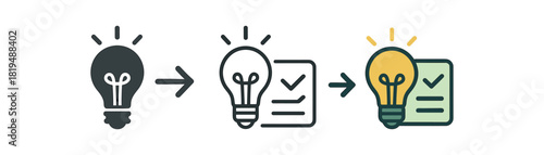 idea to task icons three lightbulb transforming into checklist card icons one flat solid monochrome one thin black outline black and white one full color flat icon and green