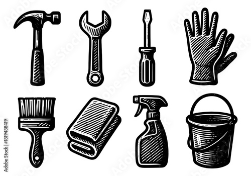 Vintage hand tools and cleaning equipment with intricate hatching style for diy projects