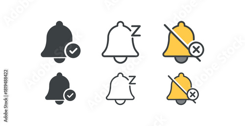 reminder bell icons three bell icons with small checkmark snooze line and off symbol one flat solid monochrome one thin black outline black and white one full color flat icon and gray