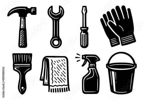 Essential black and white tool icons for home and garden maintenance projects