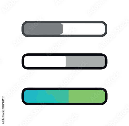 progress bar icons three horizontal bar icons at 25 50 and 100 percent one flat solid monochrome one thin black outline black and white one full color flat icon blue and green