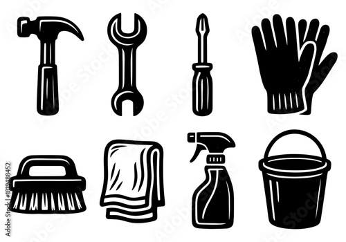 Monochrome tool and cleaning set: hammer, wrench, screwdriver, gloves, brush, towel, spray bottle, bucket
