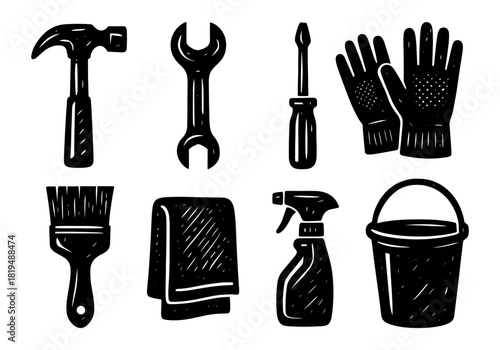 Vintage tool set: hand drawn construction icons for diy projects