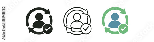 approval flow icons three arrow circle icons with checkmark and person silhouettes one flat solid monochrome one thin black outline black and white one full color flat icon green and blue