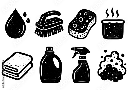 Hand drawn cleaning icons: brush, sponge, soap, spray bottle, and more