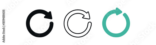 repeat cycle icons three circular arrow icons with small dot marking cycle one flat solid monochrome one thin black outline black and white one full color flat icon green and teal