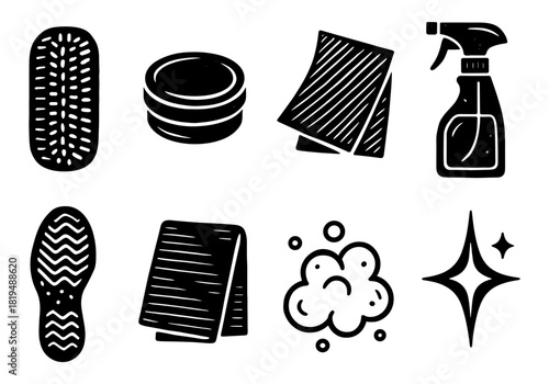 Hand drawn cleaning icons: sponge, spray bottle, towels, and bubbles