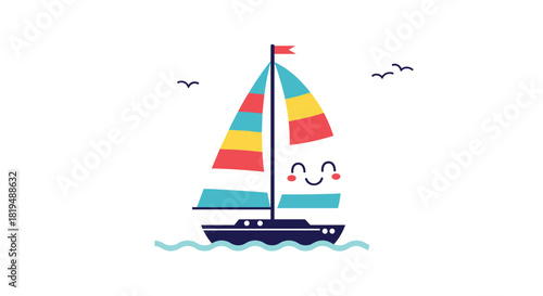 Cute cartoon sailboat with colorful sails and a smiling face sailing on the ocean with birds flying overhead in a simple illustration.