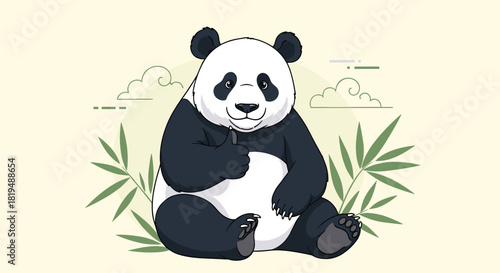 A cute cartoon panda sits surrounded by bamboo leaves, giving a thumbs-up in a charming and whimsical illustration against a soft backdrop.