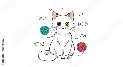 Adorable white kitten sits among balls of yarn and fish line art, perfect for pet-themed designs and illustrations.