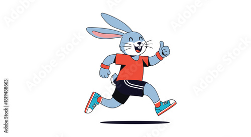 A cheerful cartoon rabbit in workout attire runs forward with a thumbs-up, a playful and motivational image for fitness or active lifestyle themes.