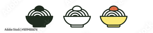 pasta bowl icons three bowls with long pasta and sauce swirl one flat solid monochrome one thin black outline black and white one full color flat icon pale and red