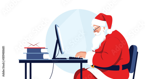 Santa Claus is checking his computer and working hard to prepare for Christmas gifts and wish fulfillment for all kids this year.
