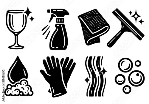 Cleaning essentials: icon set featuring household tools and products