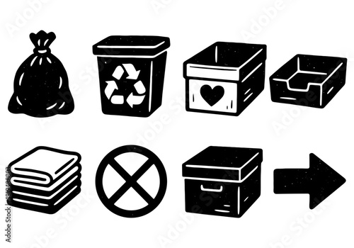 Hand drawn waste and storage icons set for recycling and organizing