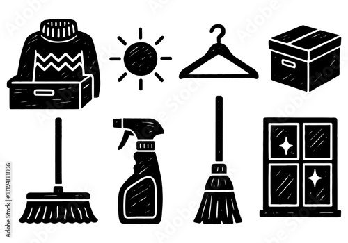 Hand drawn cleaning and organizing icons set: sweater, sun, hanger, box, brooms, spray bottle, window