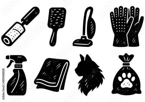Chalk style pet care icons: lint roller, glove, vacuum, cat silhouette