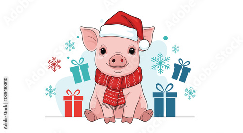 Adorable cartoon piglet wearing a Santa hat and scarf surrounded by gifts and snowflakes, creating a festive holiday scene.