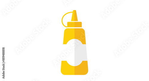 Illustration of a yellow mustard squeeze bottle with a white label isolated on a white background, perfect for web design and marketing.
