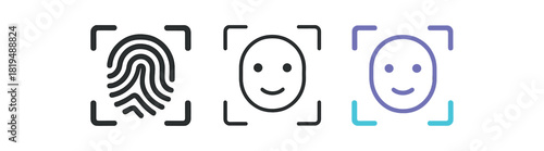 biometric scan icons three fingerprint or face frame icons with scan lines one flat solid monochrome one thin black outline black and white one full color flat icon purple and cyan