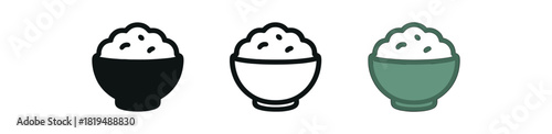 rice bowl icons three bowls filled with rice grains and tiny garnish one flat solid monochrome one thin black outline black and white one full color flat icon white and green