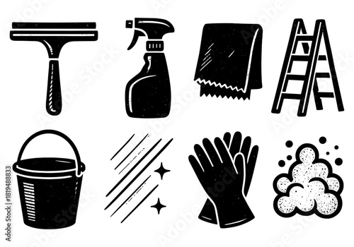 Monochrome cleaning supplies icons: bucket, gloves, ladder, spray, squeegee