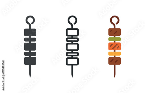 kebab skewer icons three skewers with meat and veggie cubes one flat solid monochrome one thin black outline black and white one full color flat icon grilled warm tones