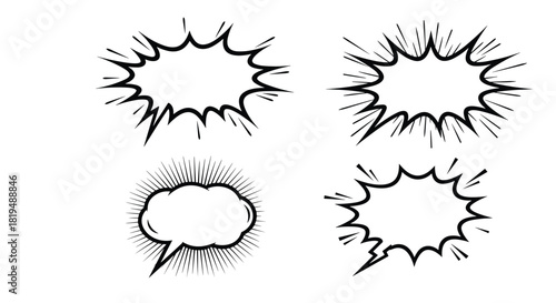 A set of black and white comic speech bubbles with jagged and pointed outlines, suitable for adding text in a comic book or graphic novel style.