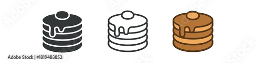 pancakes icons three pancake stacks with syrup drip one flat solid monochrome one thin black outline black and white one full color flat icon golden brown