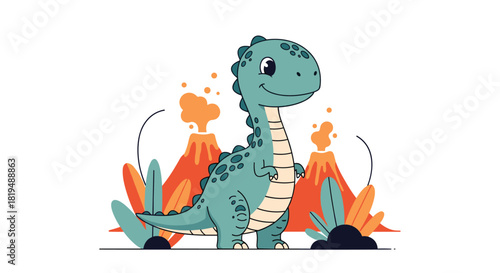 Cute Cartoon Dinosaur Illustration: A charming cartoon dinosaur stands amid fiery volcanoes and vibrant foliage, creating a playful prehistoric scene.